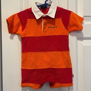 Nautica Red and Orange Striped Polo Romper in terry cloth. 3-6 months. NWT
